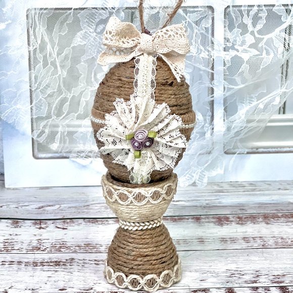 Shabby Chic Twine Egg w/Stand, Easter Egg Decoration, Lace Ribbon Flower, Rustic - Picture 1 of 16